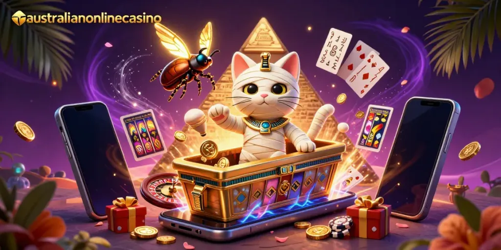 Explore the vibrant world of australianonlinecasino with a mummy cat, a scarab, and dynamic gaming elements.