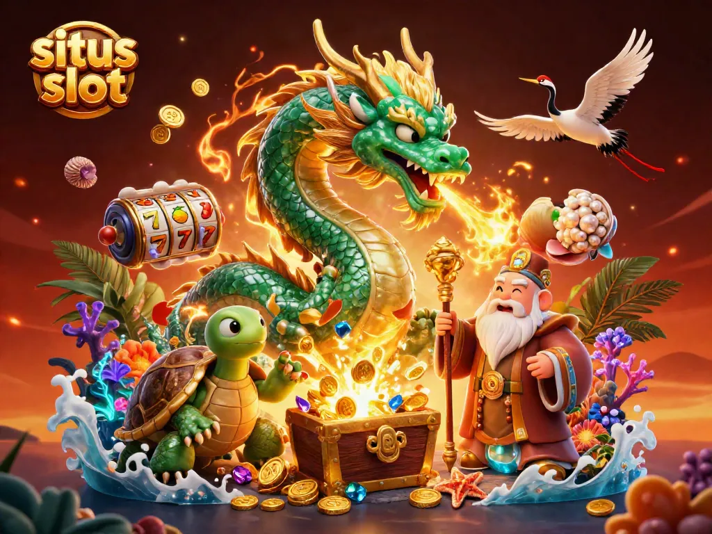 Ilustrasi 3D yang memukau dengan karakter naga, kura-kura bijak, dan bangau beruntung di situs slot