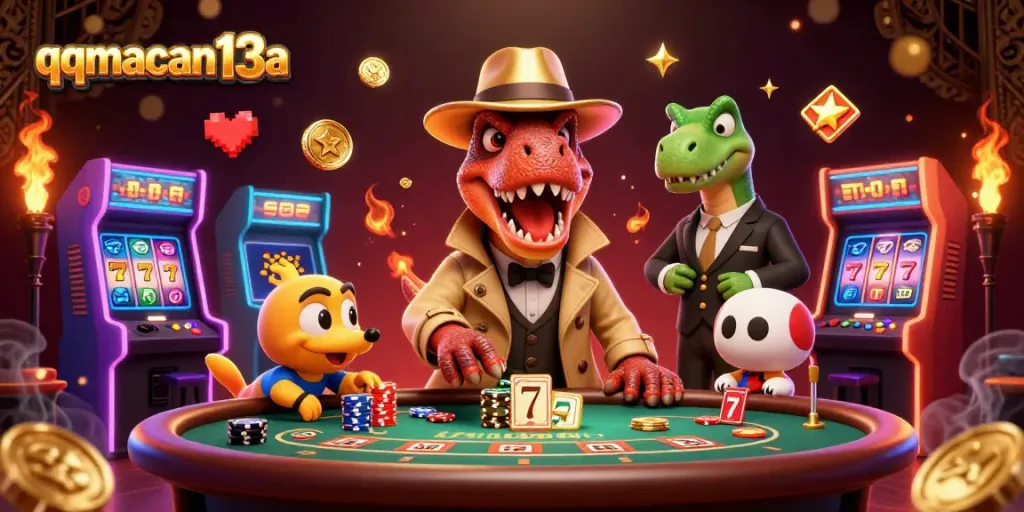 Experience thrilling gameplay with qqmacan13a, featuring a velociraptor card counter at the blackjack table in a vibrant casino scene.