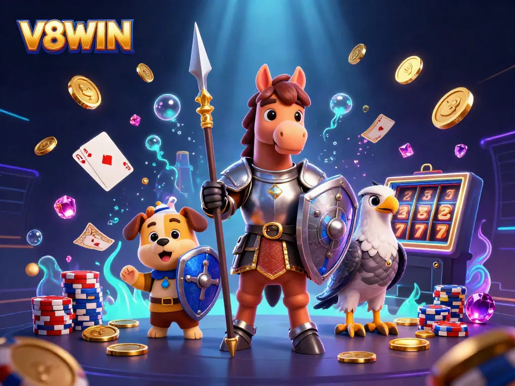 Engage in the thrilling world of V8WIN, featuring a knight, puppy, and falcon amidst casino treasures.