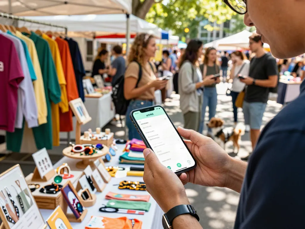 Engaging e-commerce shopping scene with peh888 app on smartphone showcasing vibrant market products and lively atmosphere.