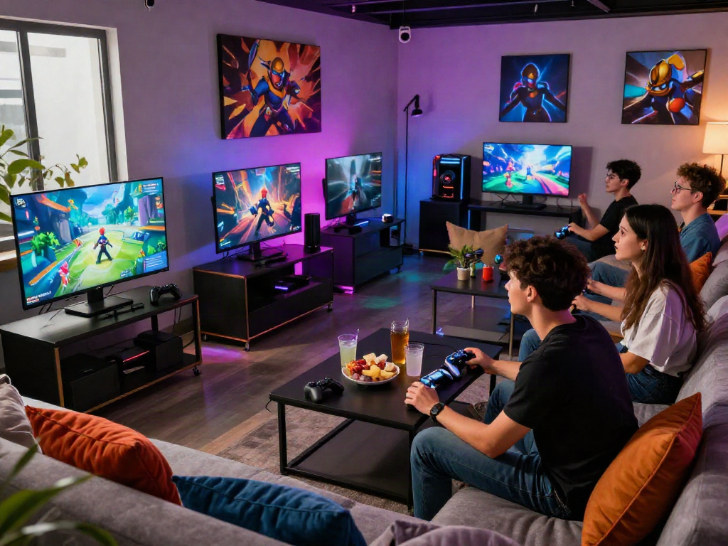 Teman-teman bermain gaming di lounge modern dengan suasana energi tinggi, membawa elemen luxury111.