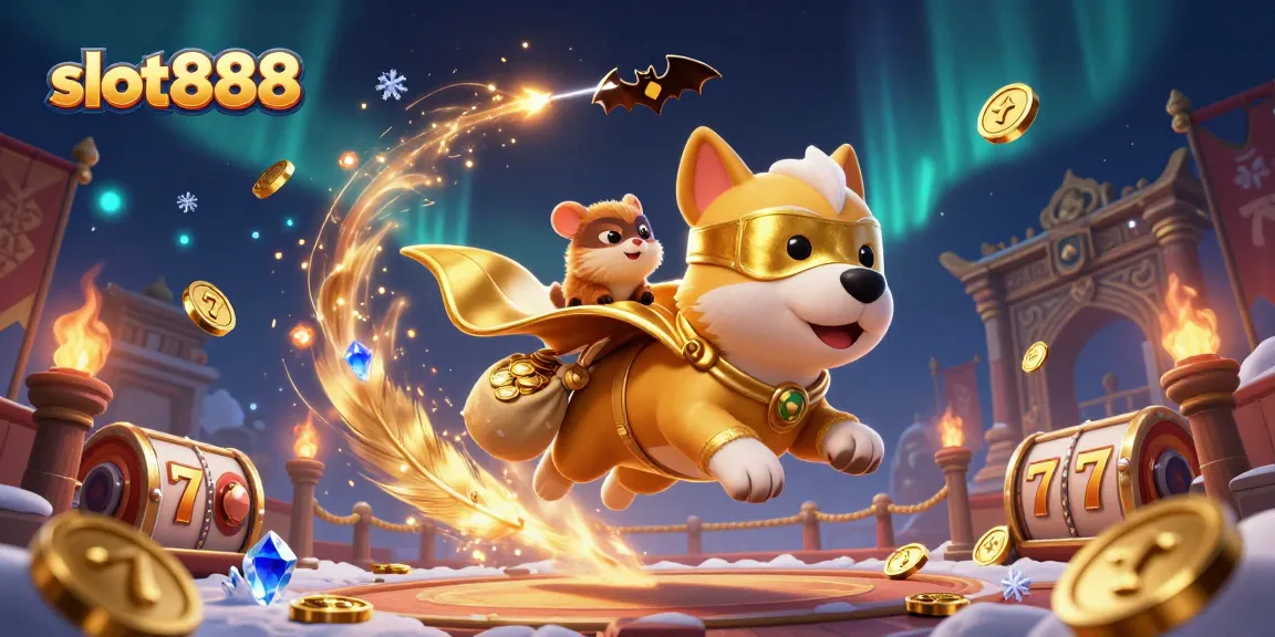 Experience slot888 action with a superhero dog and sidekick in a vibrant casino adventure.