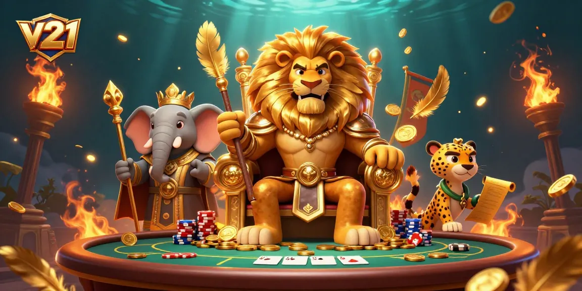 Menampilkan aksi taruhan di kasino v21 dengan karakter singa, gajah, dan cheetah.