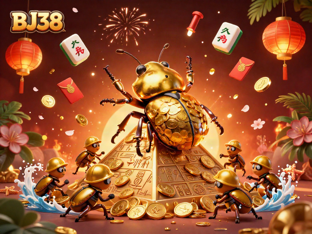 Engage with BJ38's vibrant casino world, featuring golden beetles and lucky symbols.