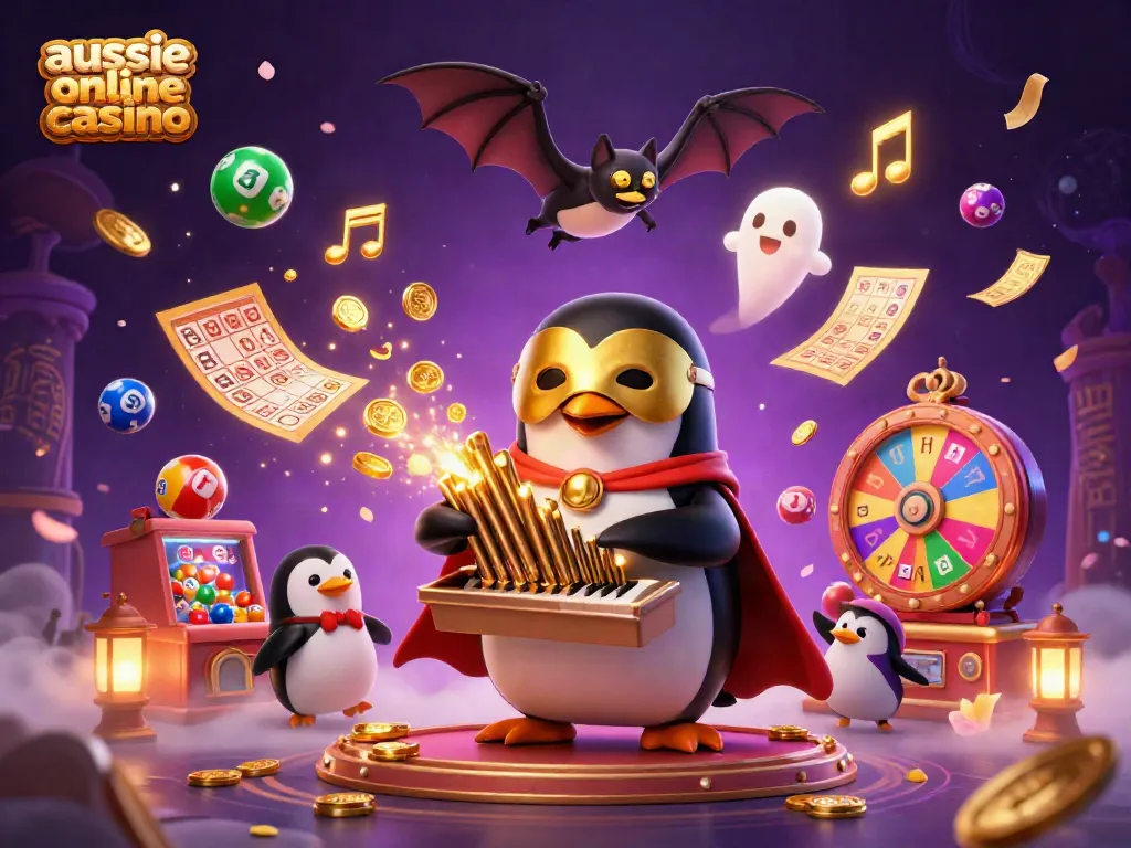 Experience the thrill of the aussie online casino with a magical 3D illustration featuring casino games and characters.
