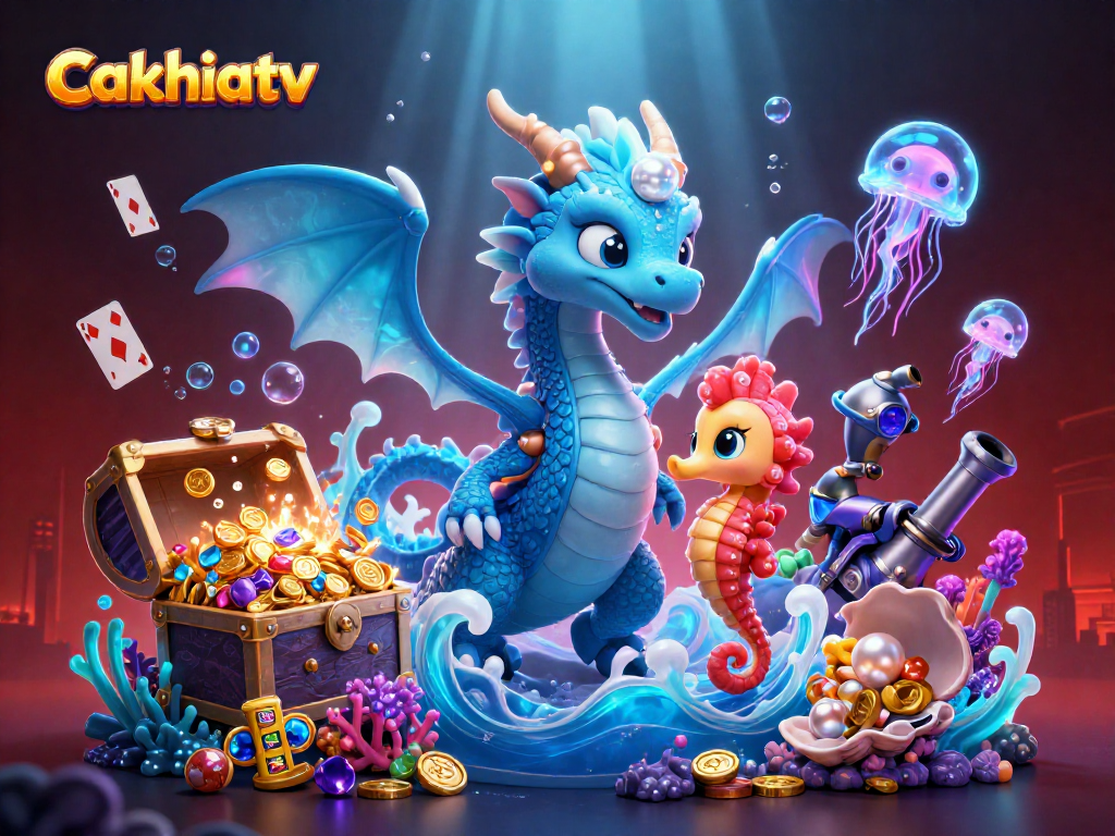 Cakhiatv showcases a vibrant 3D scene with a dragon and seahorse knight amid slot reels and treasures.