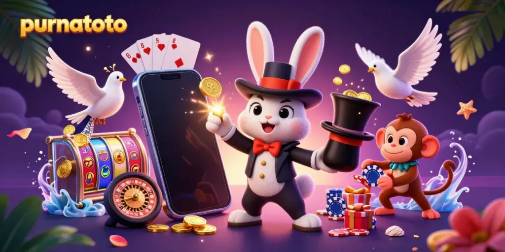 Memperlihatkan keseruan purnatoto dengan karakter kartun bermain slot dan poker dalam suasana warna-warni.