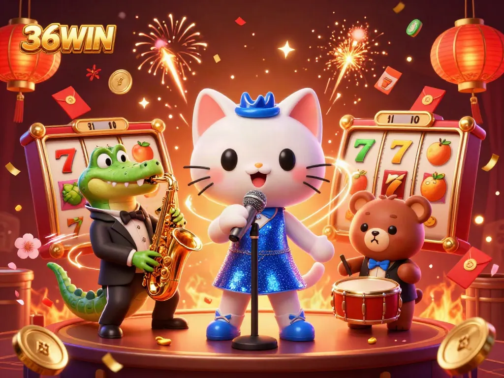 Experience thrilling moments at 36WIN with a lively casino scene featuring cartoon characters and vibrant game elements.