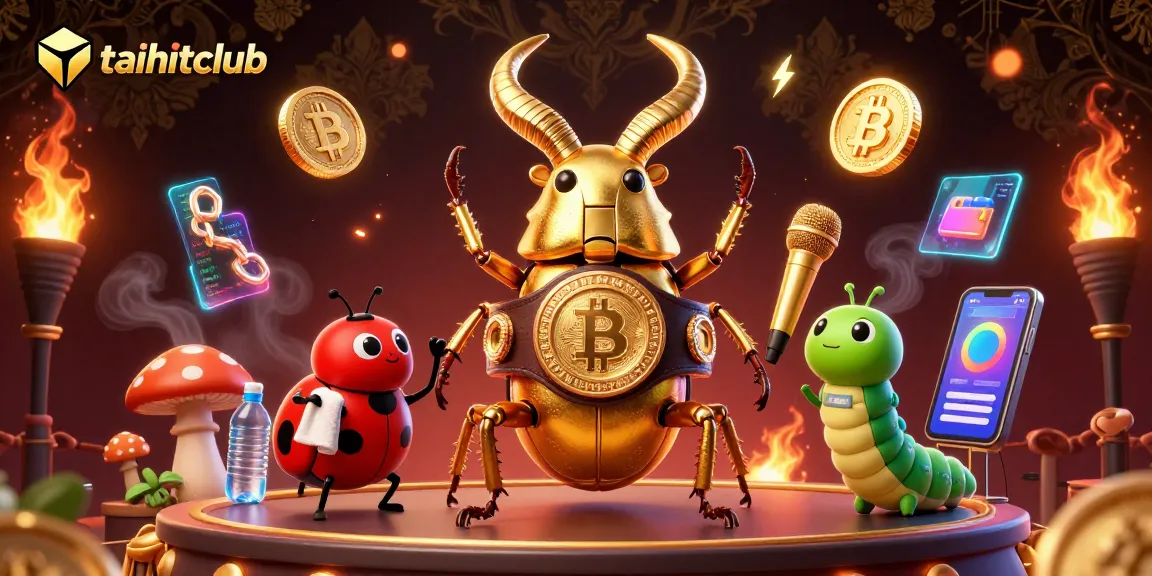 Engage with taihitclub's dynamic scene featuring a boxing bug champion illuminated by Bitcoin and Ethereum coins.