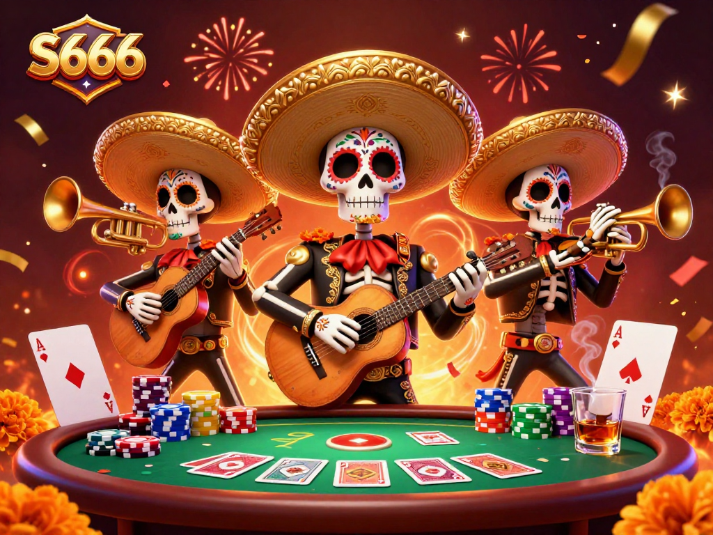 S666 players enjoy a vibrant poker game with a colorful mariachi band celebrating the thrill of winning.