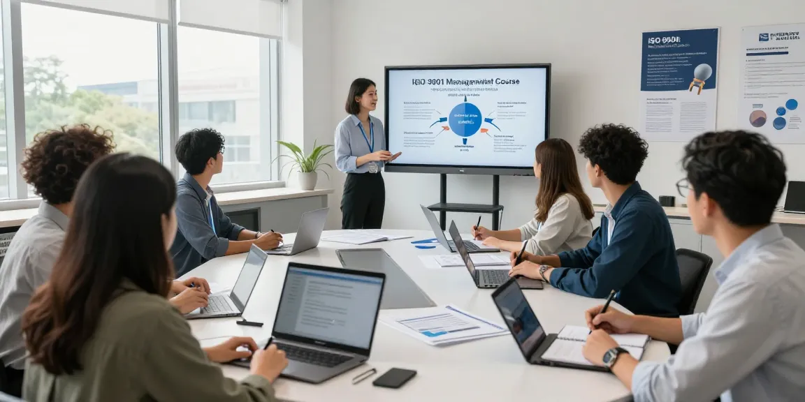 Participants engaged in the ISO 9001 Lead Auditor Course in a modern classroom setting, focused on learning quality management.