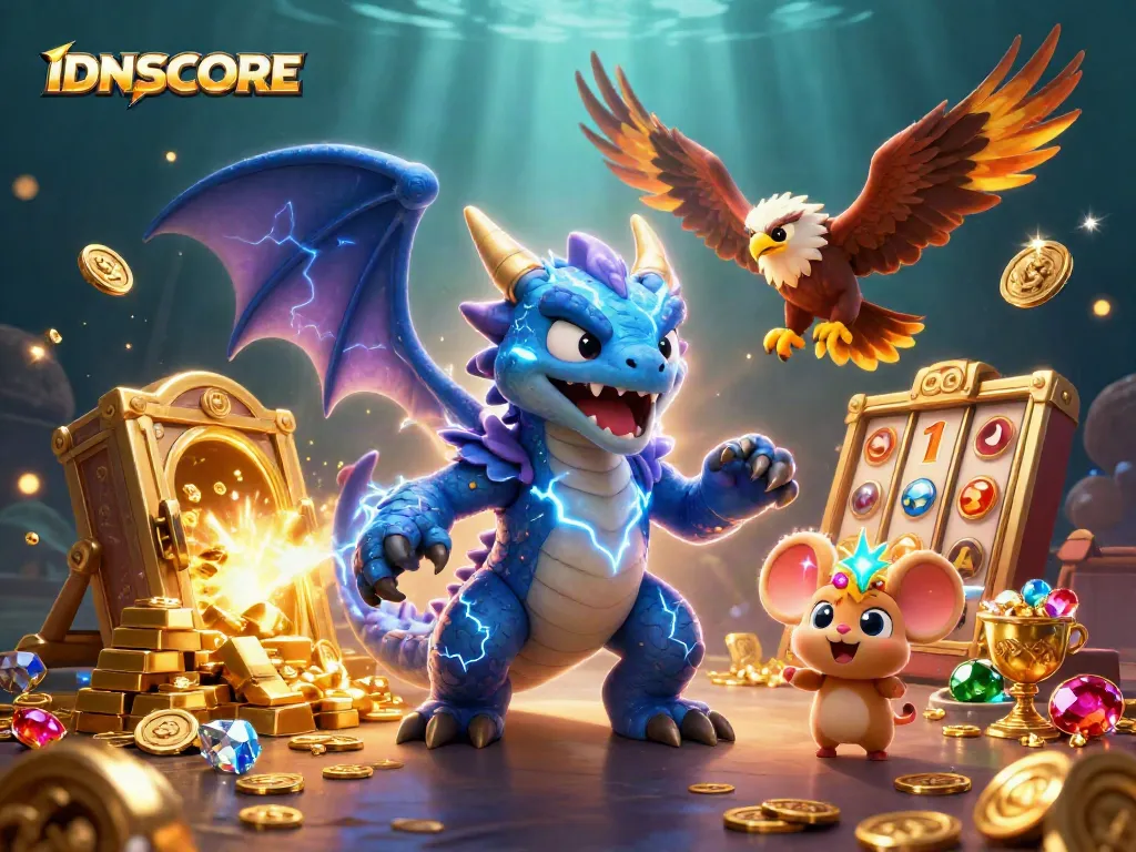 Engage with IDNSCORE's vibrant slot game universe featuring dynamic dragons and treasures.