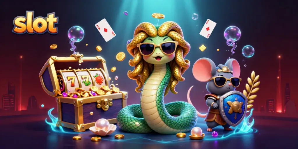 Permainan slot yang menarik dengan Medusa dan mouse prajurit di tengah harta karun yang berkilauan.
