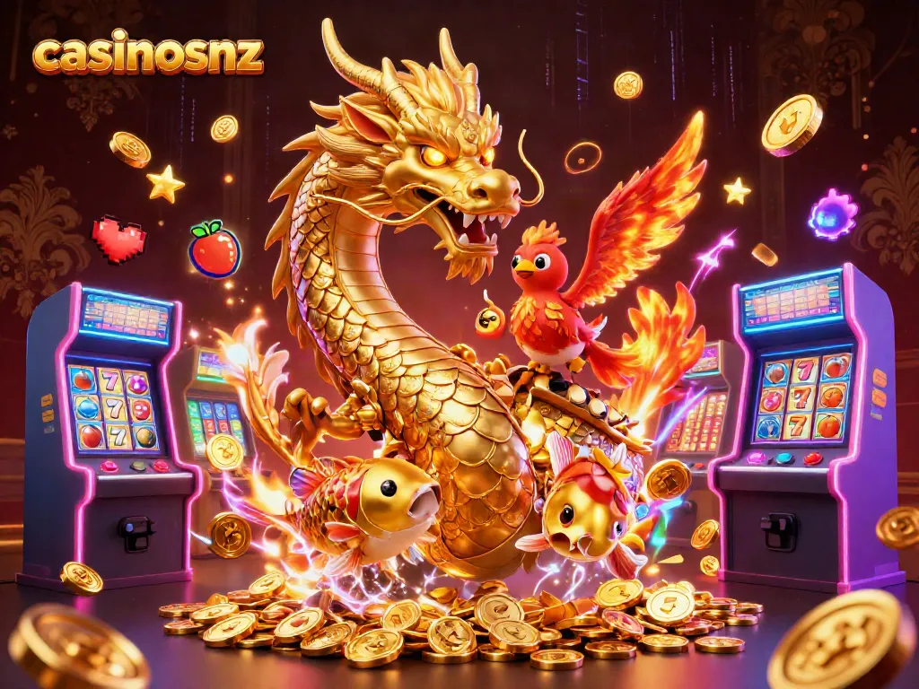 Experience the thrill of casinosnz with a fierce dragon and vibrant gaming elements in a captivating scene.