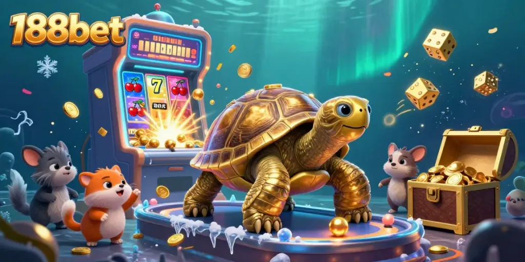 Experience the excitement of 188bet with a dynamic 3D illustration featuring a golden tortoise pinball machine and colorful casino elements.