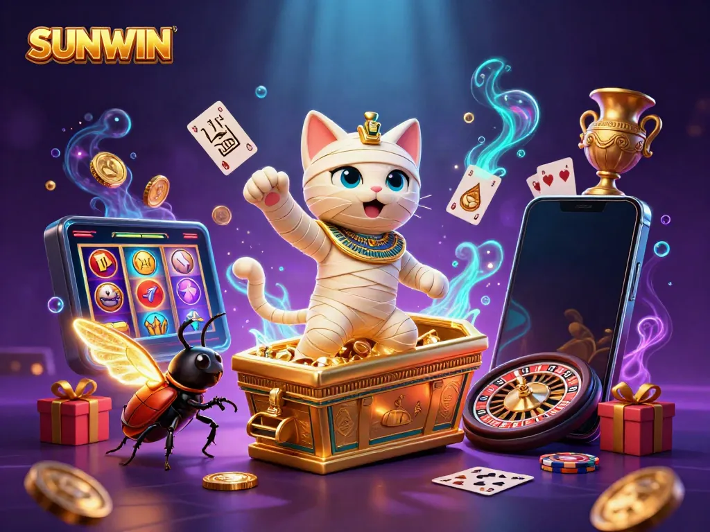 SUNWIN-themed dynamic scene featuring a cartoon mummy cat and gaming elements in a vibrant casino.