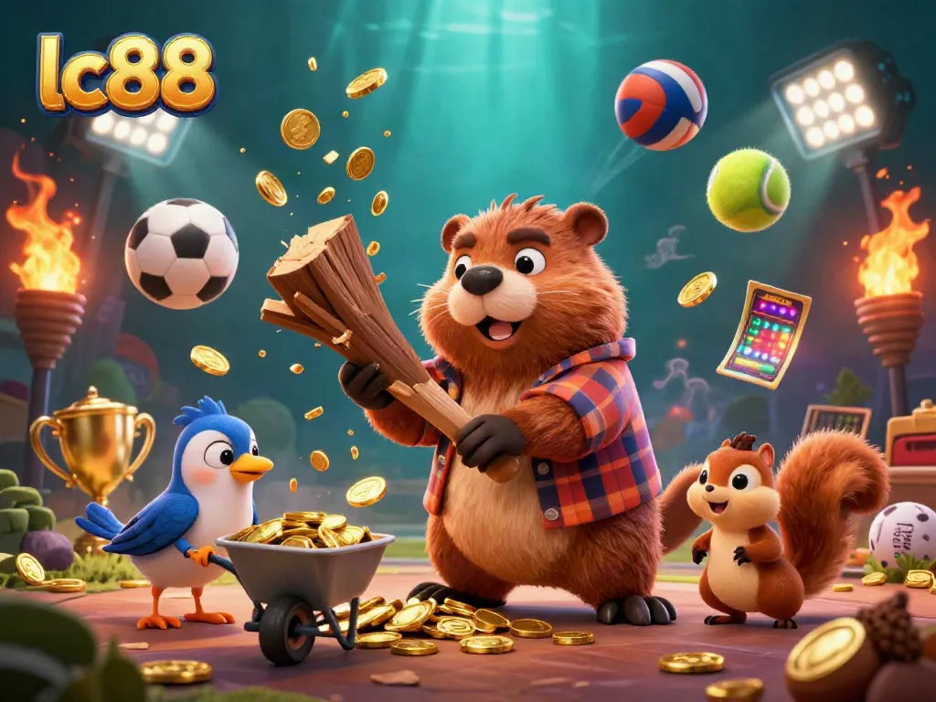 Engage with lc88's animated casino adventure featuring a beaver, bird, and squirrel among golden coins and sports elements.