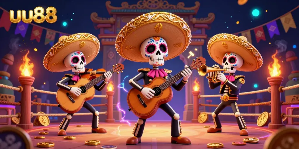 Experience thrilling gameplay with uu88 in a vibrant mariachi casino scene filled with gold coins and festive elements.