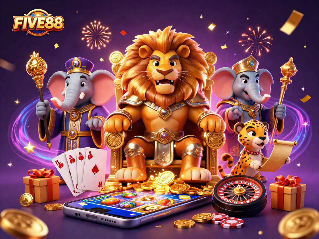 Experience thrilling slots with FIVE88 featuring animated characters and casino elements.