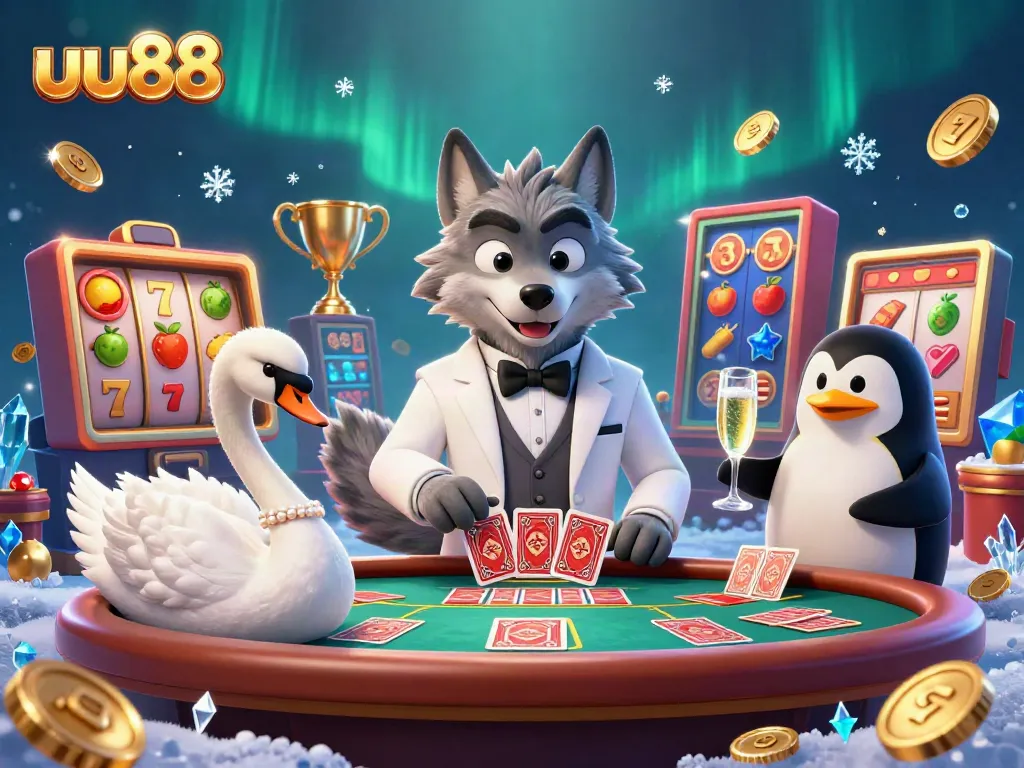 Engage with uu88's thrilling slot experience featuring cartoon characters at a baccarat table.