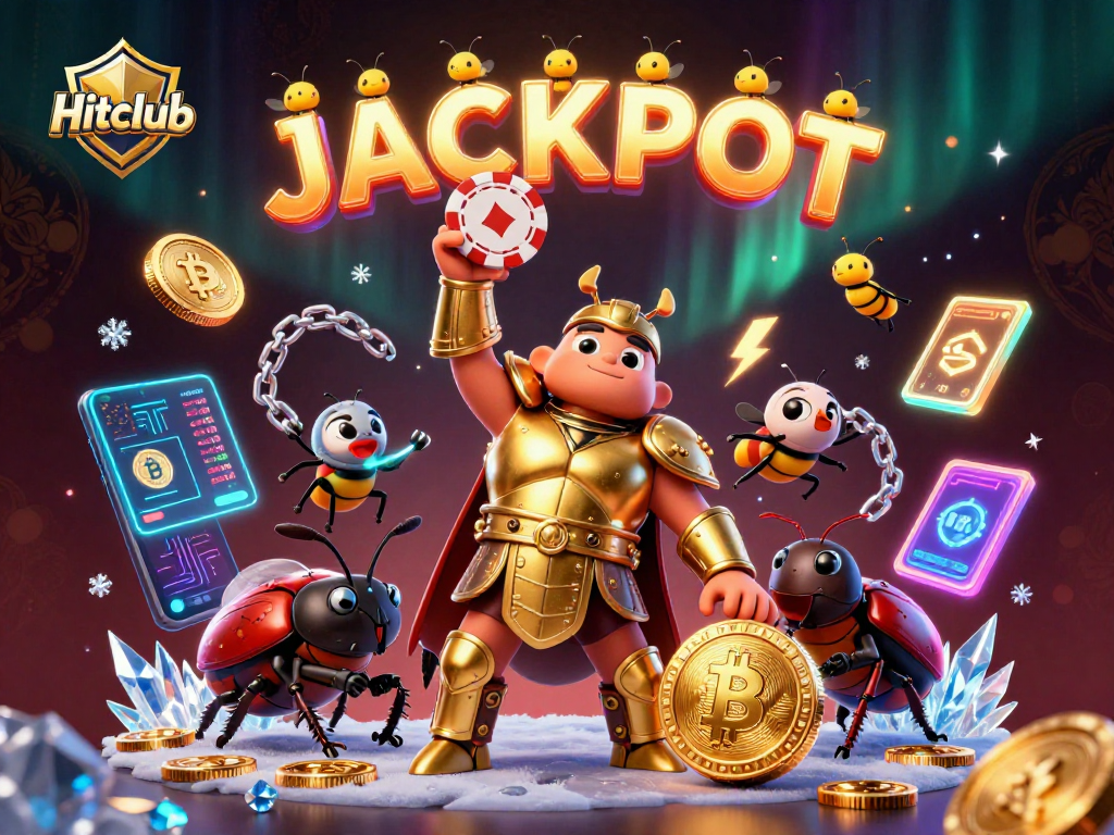 Hitclub offers a thrilling casino experience featuring a victorious beetle character amidst dynamic crypto elements.