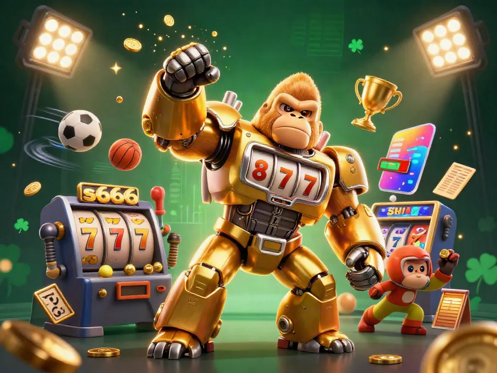 Engage with s666's golden gorilla mech making a powerful slot machine jackpot in a dynamic casino atmosphere.