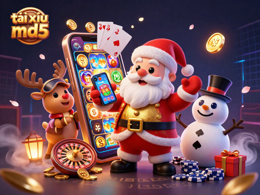 Engage in exciting gameplay with tài xỉu md5 in this vibrant casino scene featuring Santa and friends.