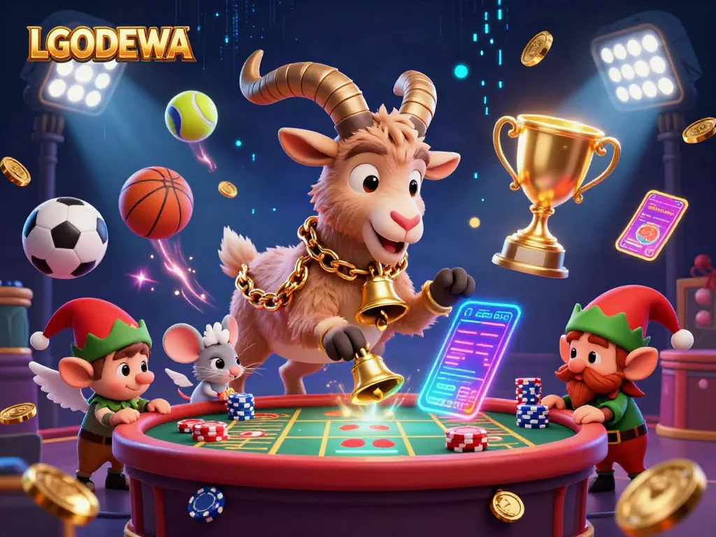 Experience LGODEWA's thrilling casino with Krampus, angel mouse, and gremlins amidst lively sports action.