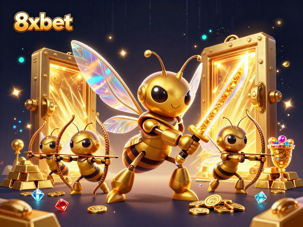 Experience thrilling action at 8xbet with the golden hornet and archers in a treasure-filled casino.