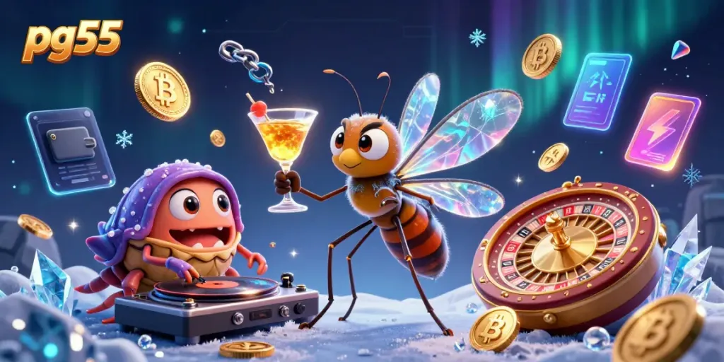 Engage with pg55, featuring a frozen insect as a casino mascot and a trilobite DJ spinning at a vibrant gaming scene.