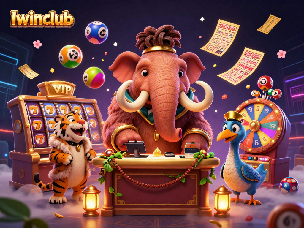 Iwinclub welcomes players with a vibrant scene of a mammoth casino bouncer, captivating slot reels, and numbers bursting forth.