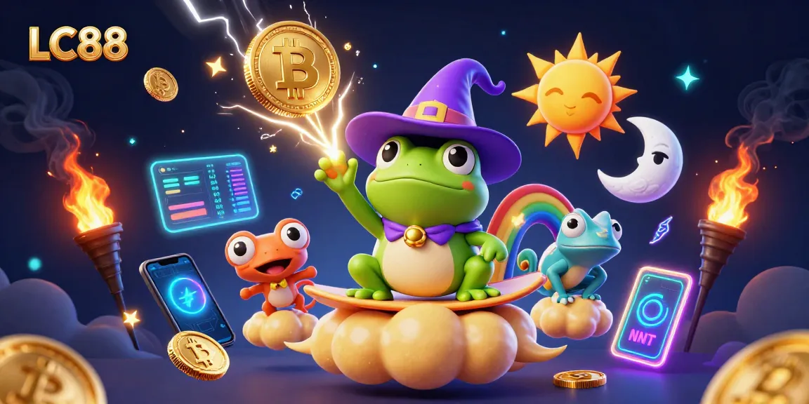 Engage with LC88's riches through a colorful, vibrant casino-inspired scene featuring a frog wizard and chameleon.