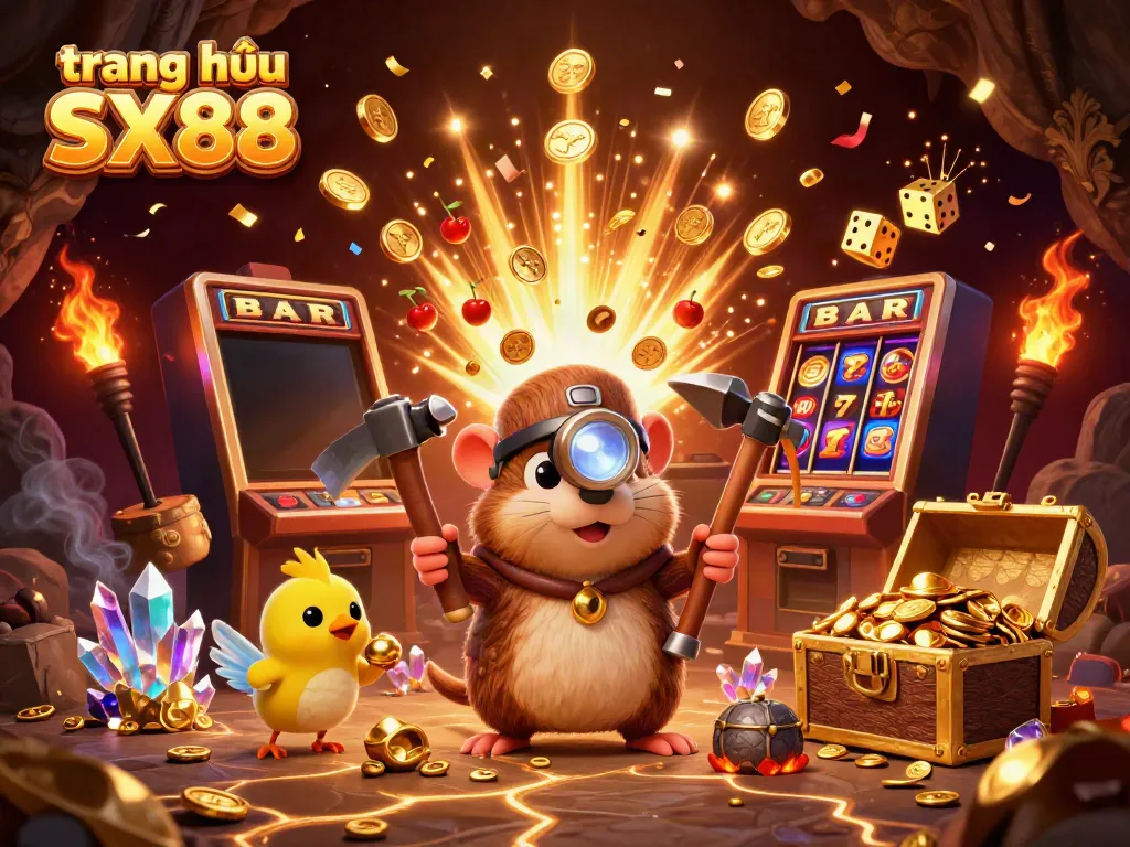 Experience the excitement of trang chủ SX88 with a cartoon mole in a treasure-filled cave surrounded by casino-themed elements.