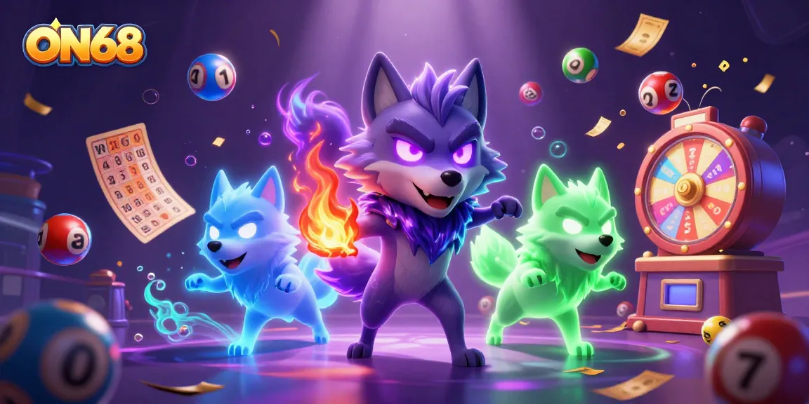 Experience thrilling lottery action with ON68's vibrant 3D illustration showcasing colorful animated elements.