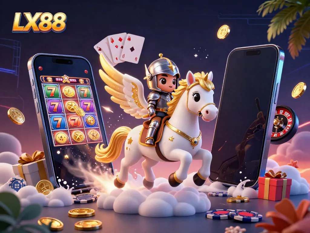 Experience the magic of LX88 with a celestial horse and knight celebrating big wins in a vibrant casino world.