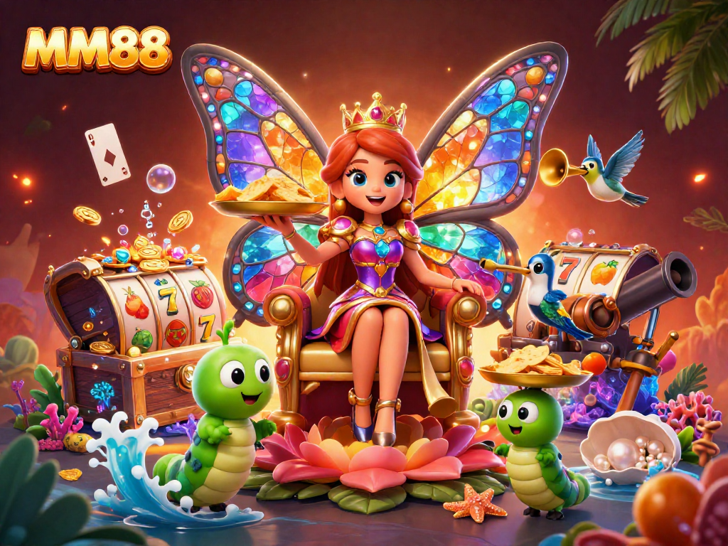 Experience the vibrant MM88 world with the butterfly queen and casino elements engaging players.