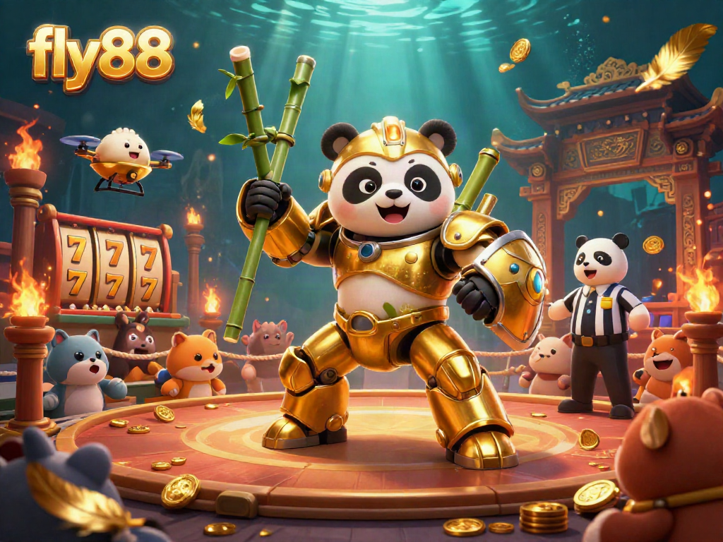 Experience the dynamic fly88 casino arena with a mech-suit panda piloting a robot, surrounded by vibrant gaming elements.