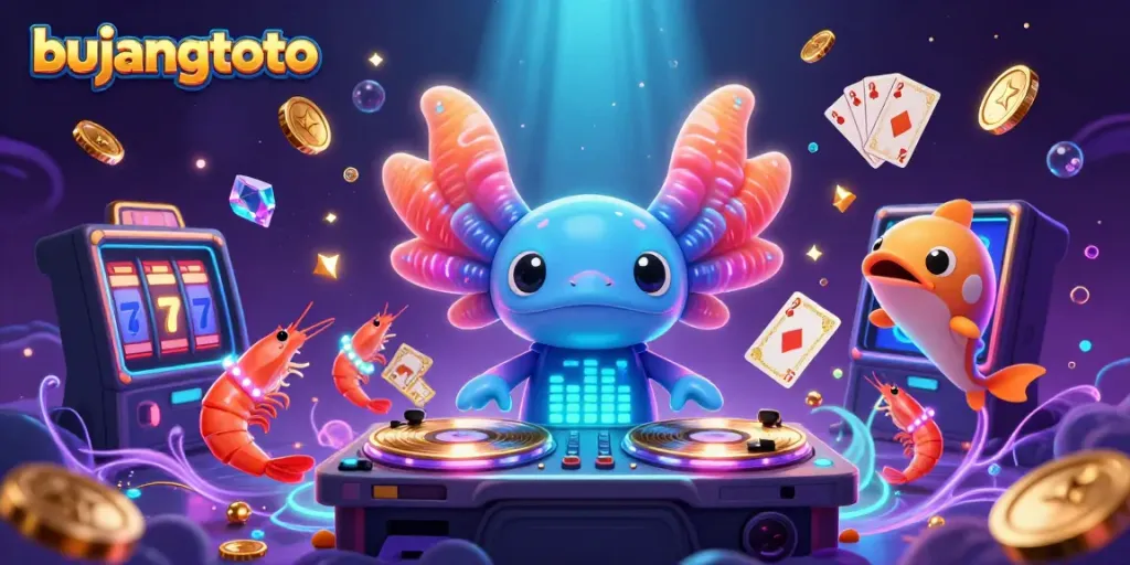 Bujangtoto showcases an exciting underwater gaming scene with neon-colored characters, vibrant coins, and lively gambling action.