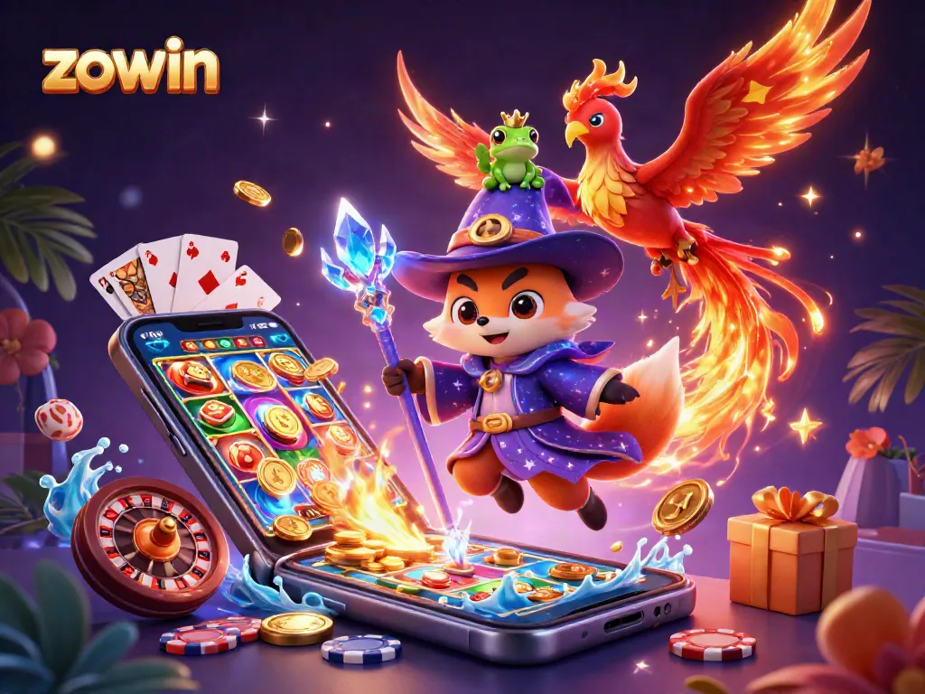 Zowin game illustration showing a wizard fox and phoenix amidst casino elements for immersive gameplay.