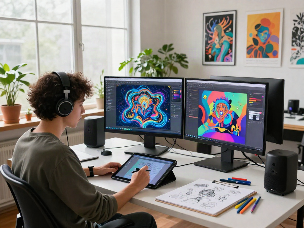 Explore the innovative ai porn generator in a modern creative workspace filled with digital art and inspiration.