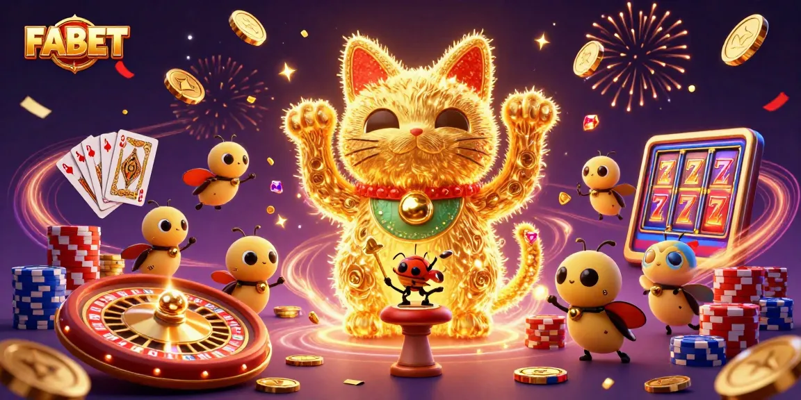 Experience the thrill of FABET as golden fireflies and a lucky cat celebrate casino wins amid dynamic elements.