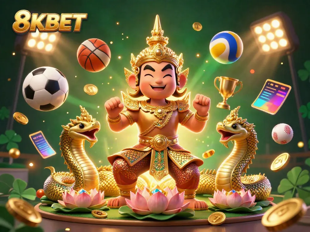 Experience thrilling wins with 8KBET as the guardian and serpents majestically surround dynamic sports betting elements.