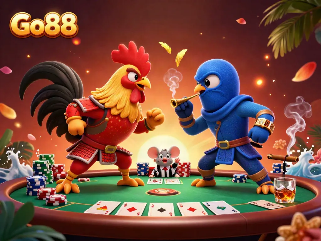 Experience the dynamic showdown of Go88's fighting roosters in an ultra-detailed casino setting.