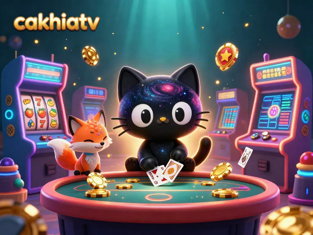 Cakhiatv casino scene featuring a black hole cat and colorful fox, pulling in chips and cards.