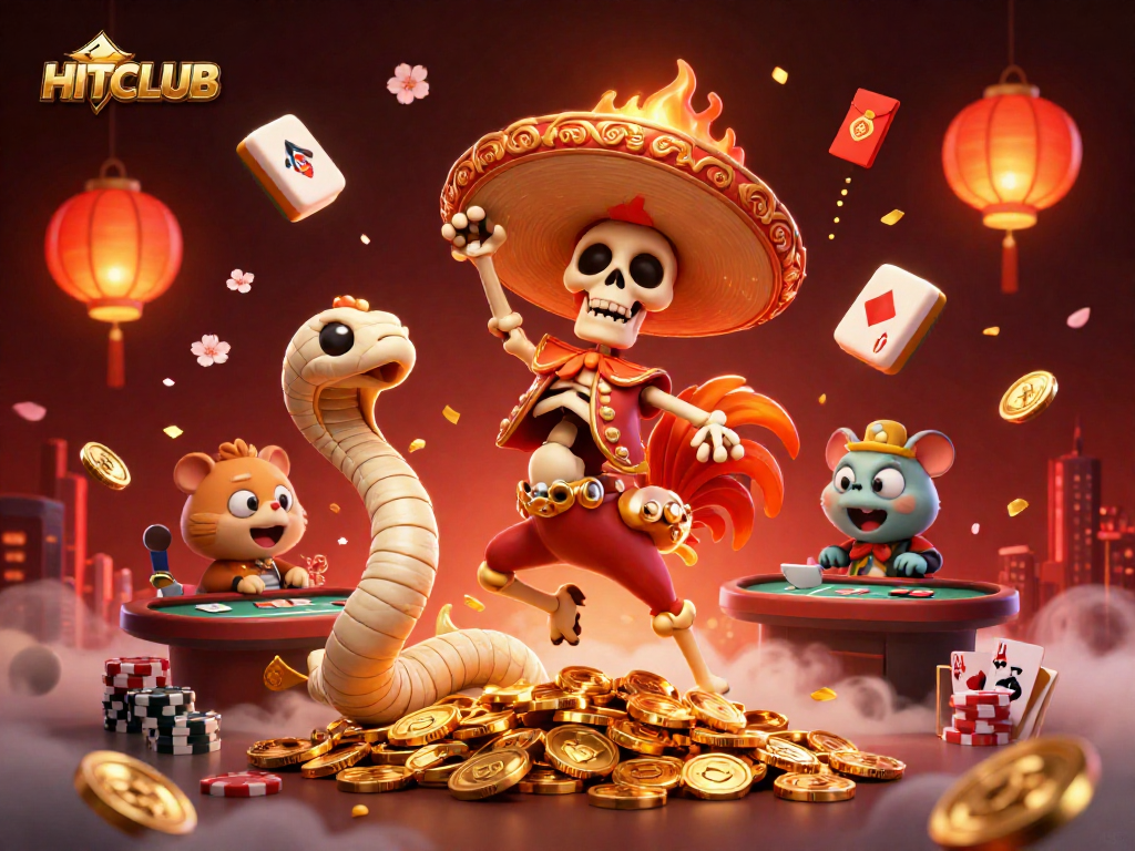 HITCLUB features a vibrant victory scene with a mariachi rooster, a mummy snake, and a DJ hamster in an action-filled casino.
