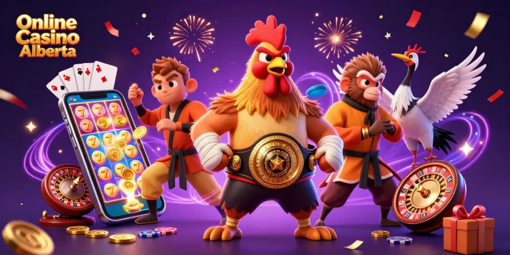 Experience thrilling gameplay in Online Casino Alberta with a dynamic scene of gaming mascots celebrating.