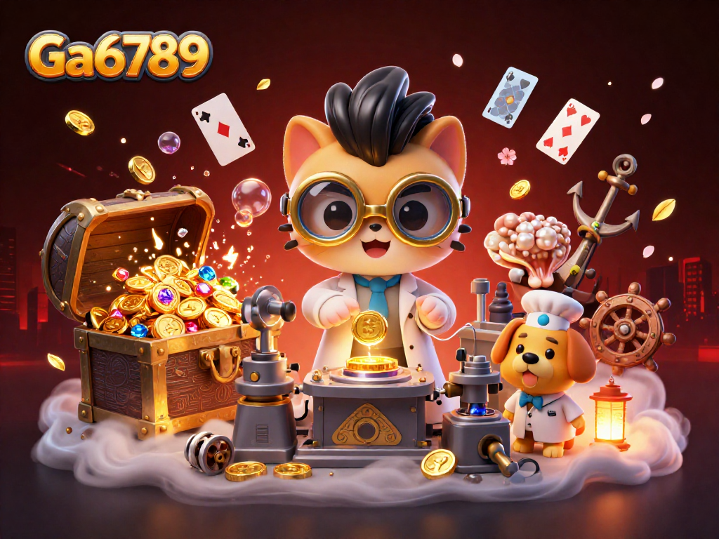 Ga6789 spins into action with a mad scientist cat and assistant dog amidst treasure and cards