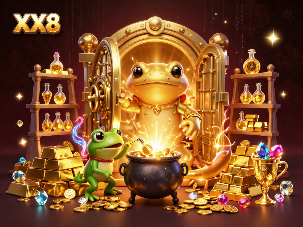 Engaging XX8 gaming experience with dynamic golden alchemist scene, transmuting coins.