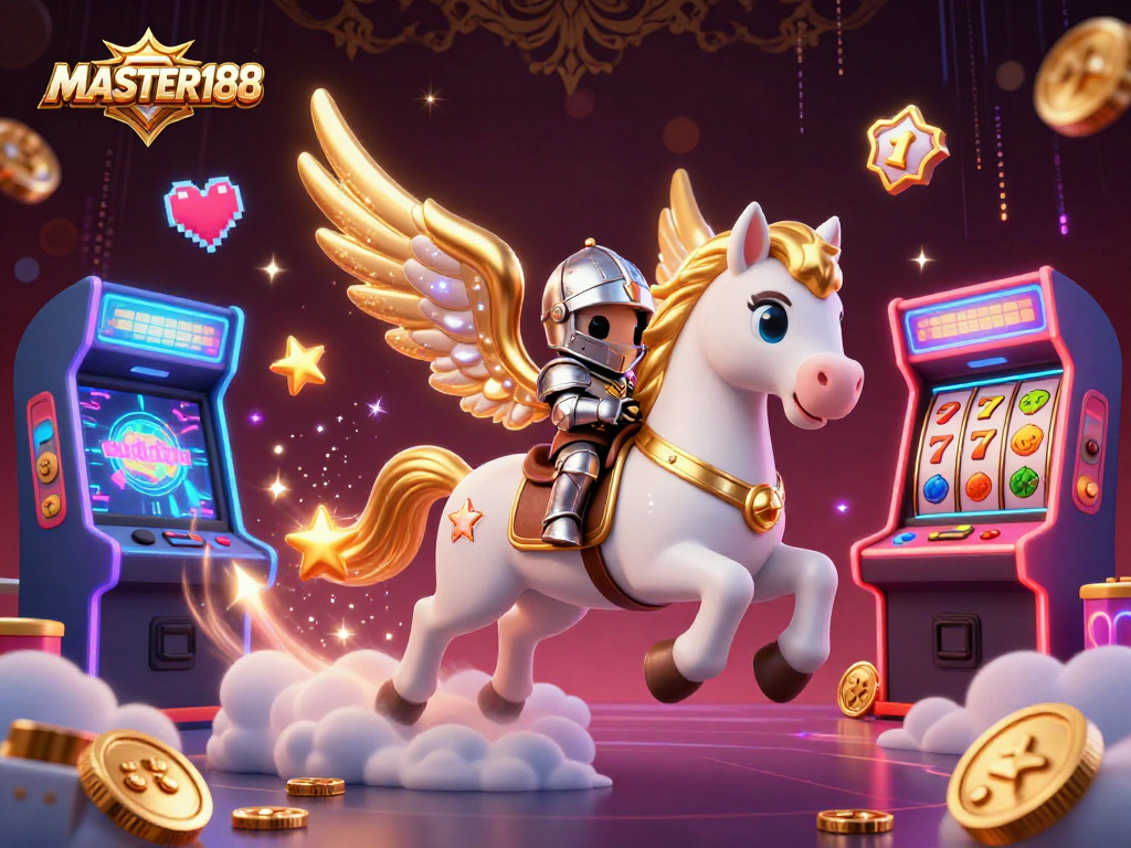 Experience thrilling gameplay with MASTER188's exciting slot features and colorful casino elements in a vibrant 3D illustration.